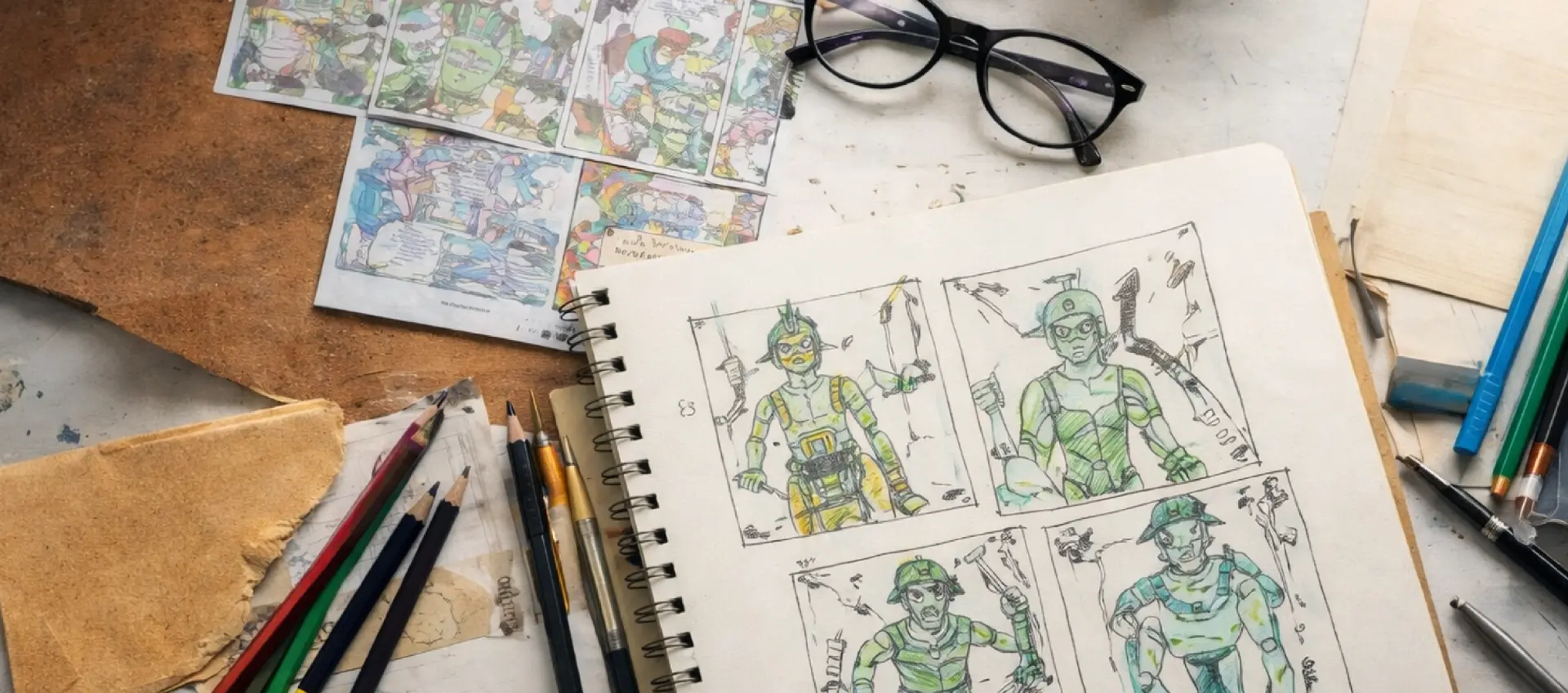 A comic artist's desk with character sketches, coloured pencils and printed pages
